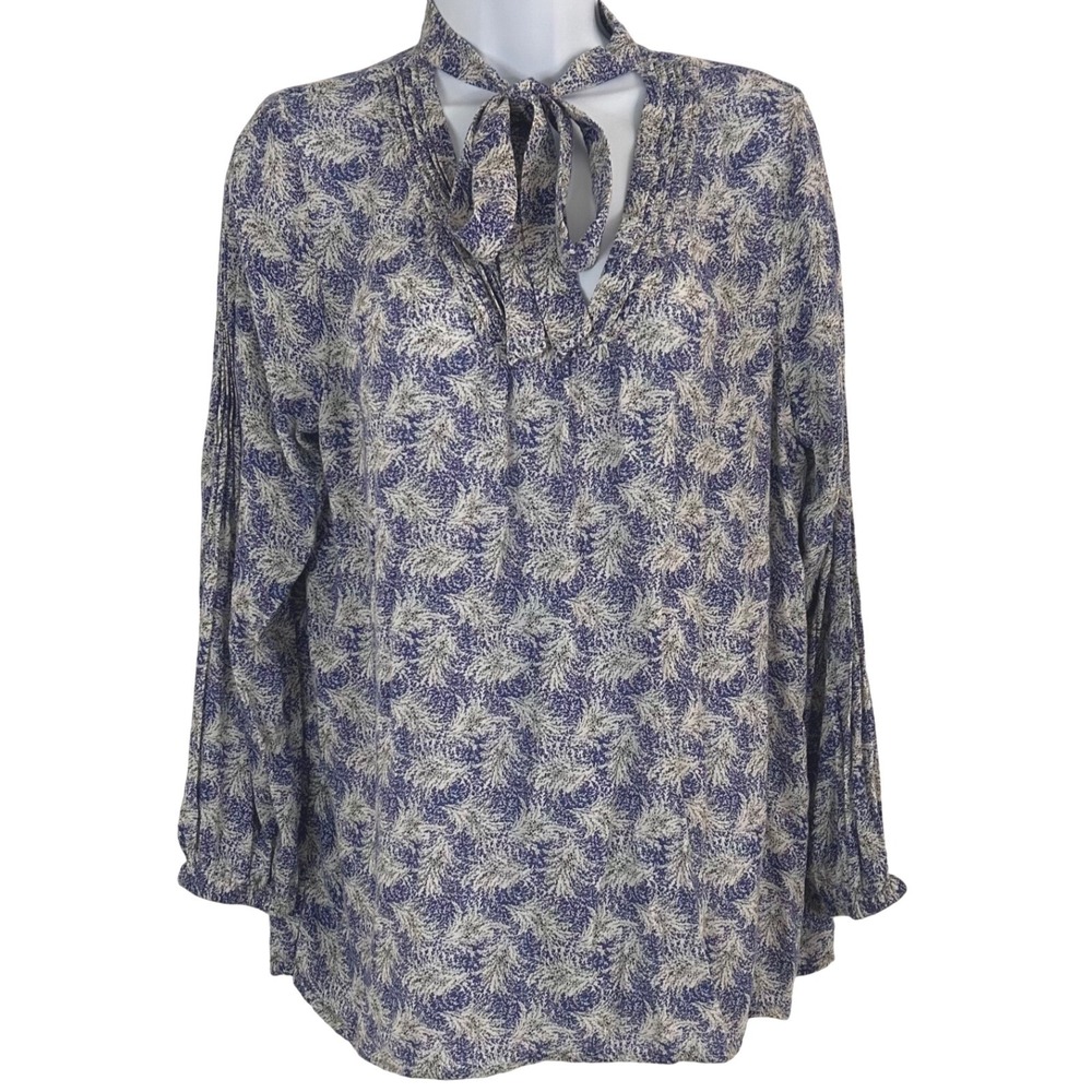 Lucky Brand Women's L Blue White Botanical Leaf Print Tie Neck Blouse Peasant